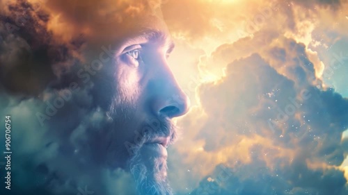 A contemplative man gazes into the distance, surrounded by colorful, ethereal clouds during twilight, creating a magical and introspective atmosphere.