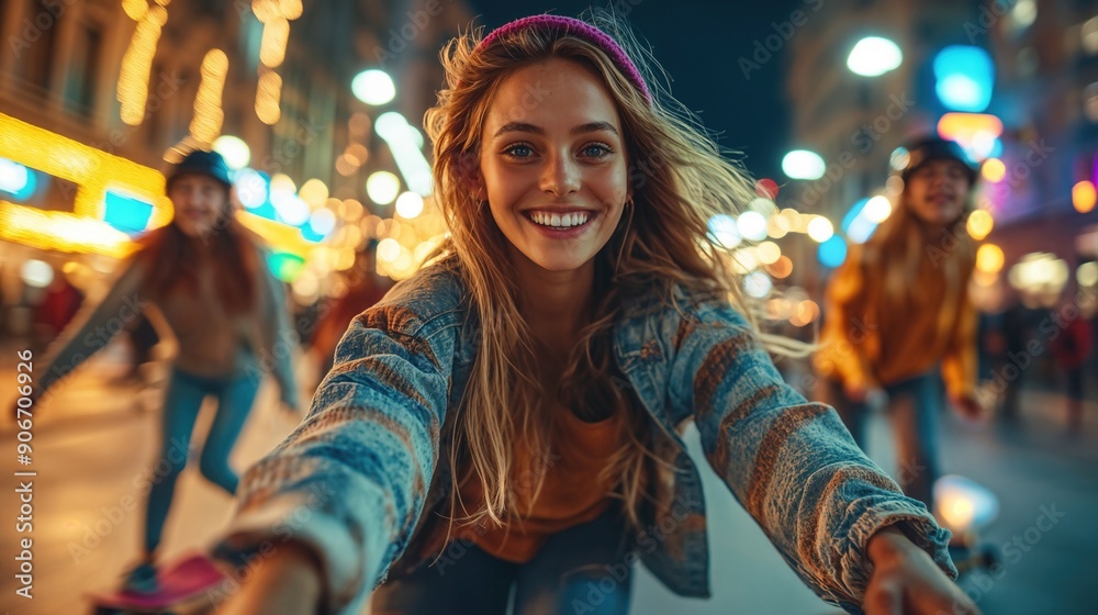 Beautiful Multinational Girls Riding Skateboards at Night with Vibrant City Lights Beautiful Multinational Girls Riding Skateboards at Night with Vibrant City Lights