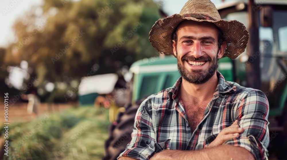 Obraz premium Confident male farmer standing in front of tractor