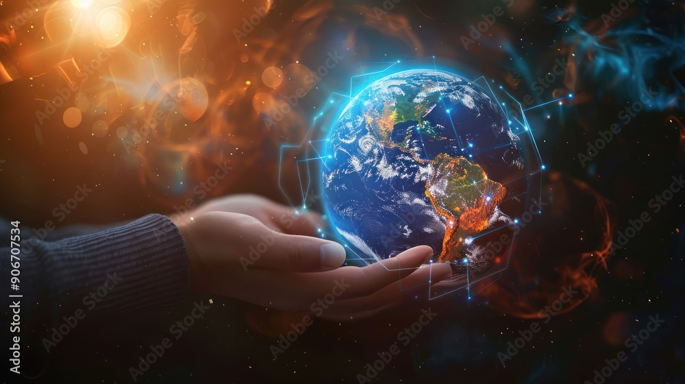 Global network, future technology and hand with hologram for network communication or AI, earth, globe or virtual world, 3D rendering Global network, future technology and hand with hologram for network communication or AI, earth, globe or virtual world, 3D rendering