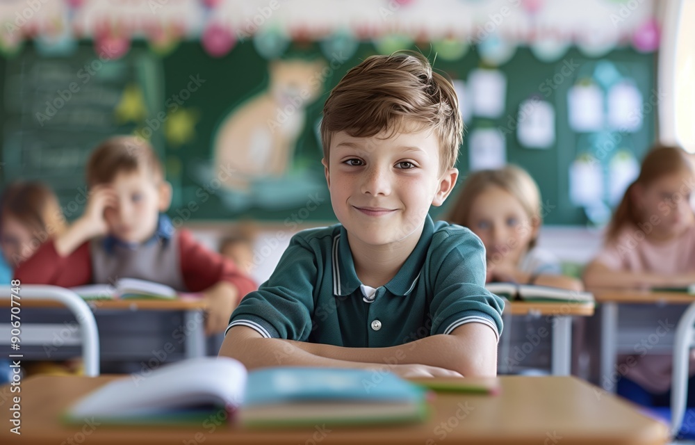 Portrait of a schoolboy sitting at a desk in a classroom Portrait of a schoolboy sitting at a desk in a classroom