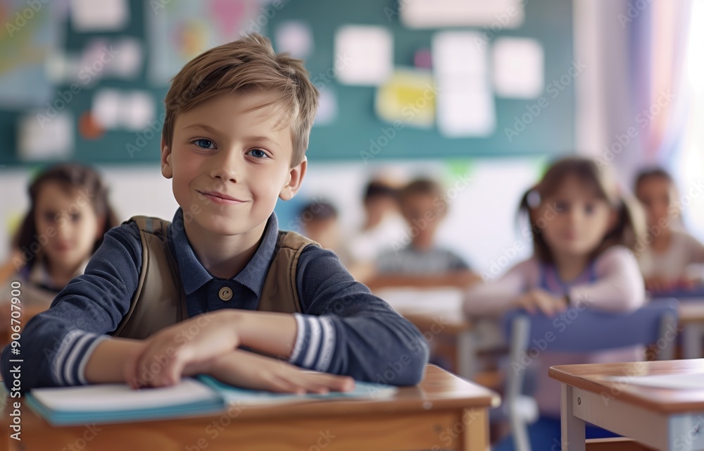 Portrait of a student sitting in a classroom with other children in the background Portrait of a student sitting in a classroom with other children in the background