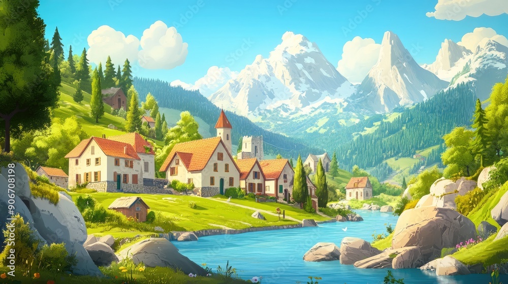 Obraz premium Bright cartoon depiction of a European countryside with charming houses, a serene river, and towering mountains, all under a sunny sky.