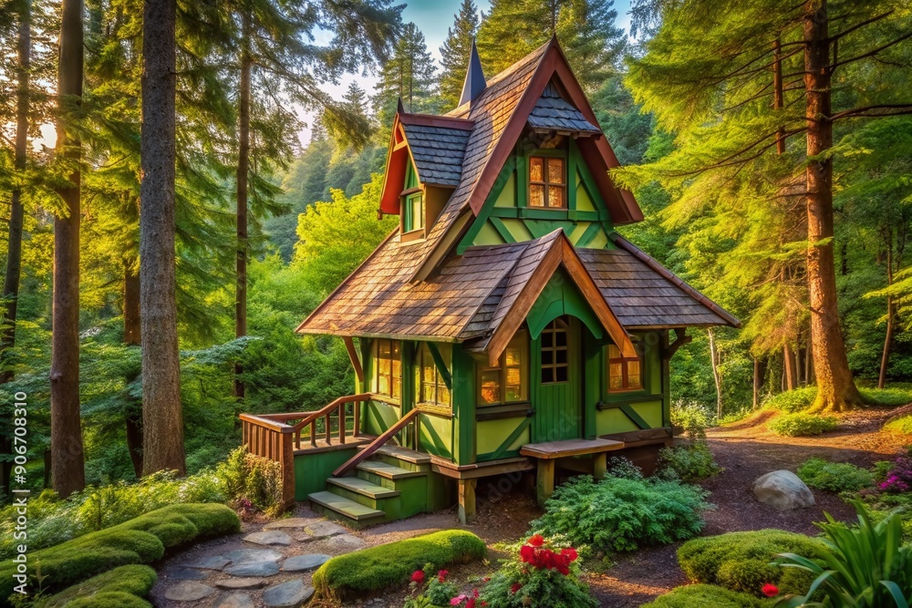 Whimsical fairy tale-inspired dwarf house with colorful wooden exterior, steeply pitched roof, and lush green surroundings, nestled among trees in a serene outdoor setting. Whimsical fairy tale-inspired dwarf house with colorful wooden exterior, steeply pitched roof, and lush green surroundings, nestled among trees in a serene outdoor setting.