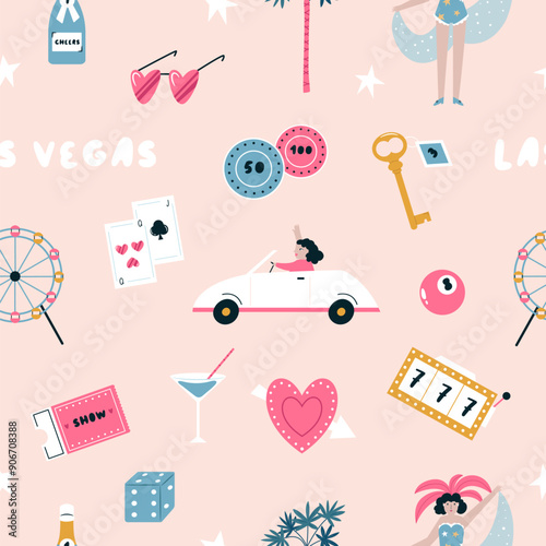 Colorful seamless pattern with famous symbols of las Vegas, Nevada state, USA.