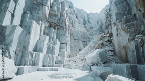 Marble quarry, extraction and processing of white marble, open mining. Selective focus. photo