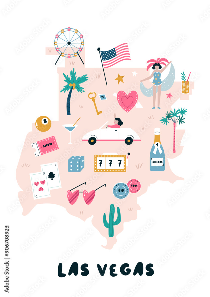 Hand drawn illustrated map with famous symbols of Las Vegas, Nevada. Vector illustration for travel banners, posters, books, graphic prints Hand drawn illustrated map with famous symbols of Las Vegas, Nevada. Vector illustration for travel banners, posters, books, graphic prints