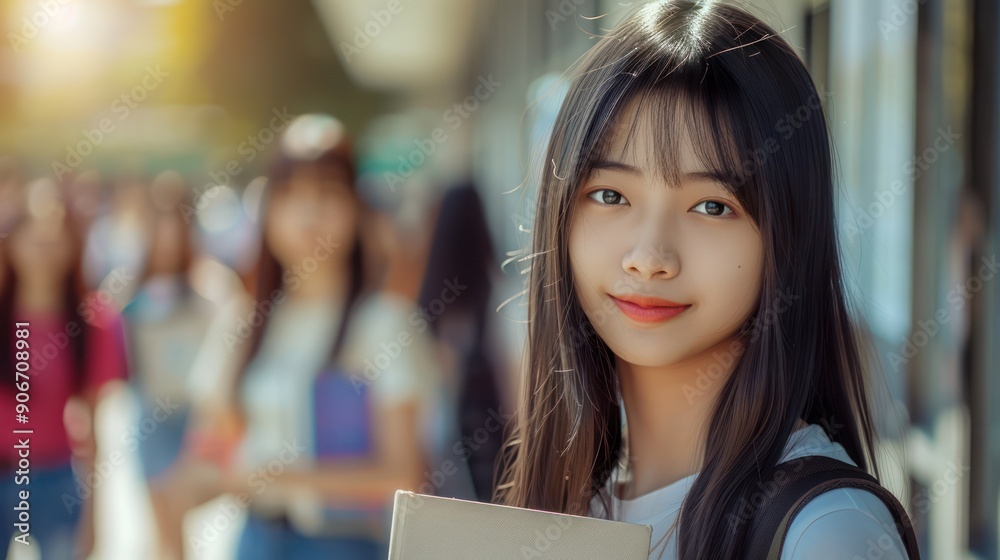 Beautiful Asian college girls pose with books