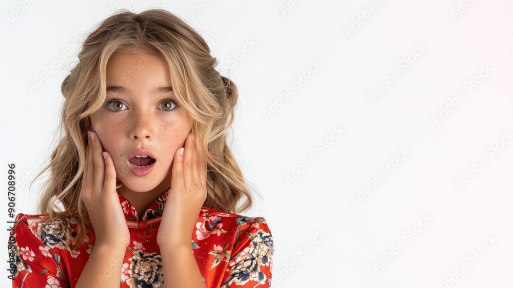 Caucasian girl surprised with excited face expression, wear red cheongsam Caucasian girl surprised with excited face expression, wear red cheongsam