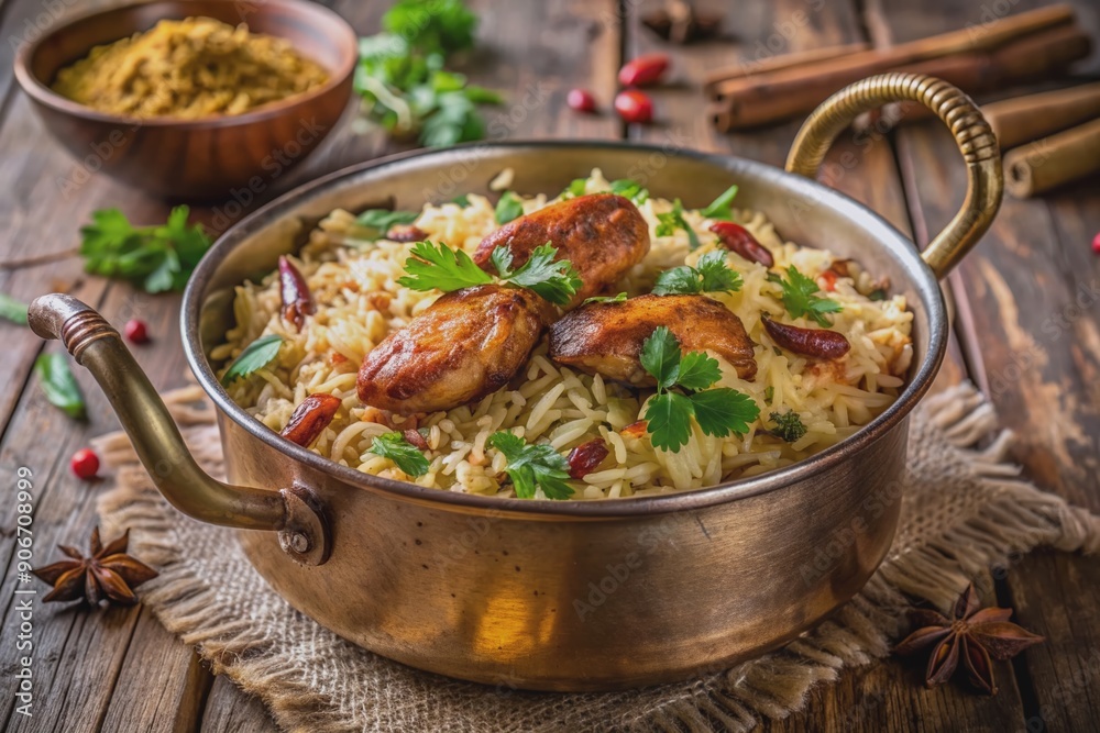Savory basmati rice, marinated chicken, and blend of Indian spices create a mouthwatering traditional biryani, garnished with fresh cilantro and served in a copper pot. Savory basmati rice, marinated chicken, and blend of Indian spices create a mouthwatering traditional biryani, garnished with fresh cilantro and served in a copper pot.