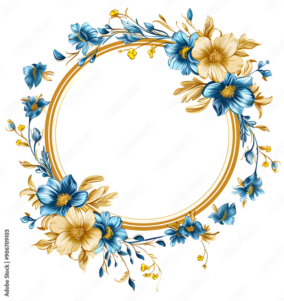 Fototapeta premium A beautifully designed circular frame with intricate floral patterns in shades of orange and teal. The elegant flowers and leaves embellish the left side of the frame, creating a balanced design