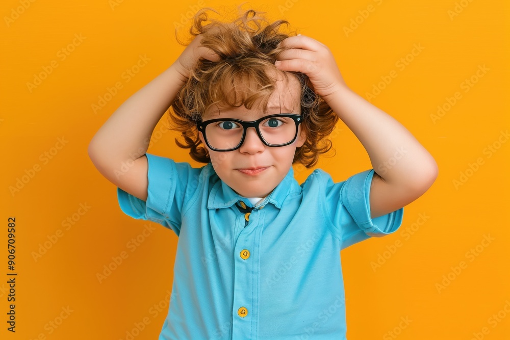 A boy with glasses holding his head with his hands on a yellow background, the concept of solving problems and issues at school A boy with glasses holding his head with his hands on a yellow background, the concept of solving problems and issues at school