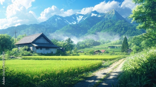 Idyllic scene of the Japanese countryside with a Muji style house, extensive rice fields, a scenic road, and towering mountains, all bathed in sunlight and a gentle breeze.