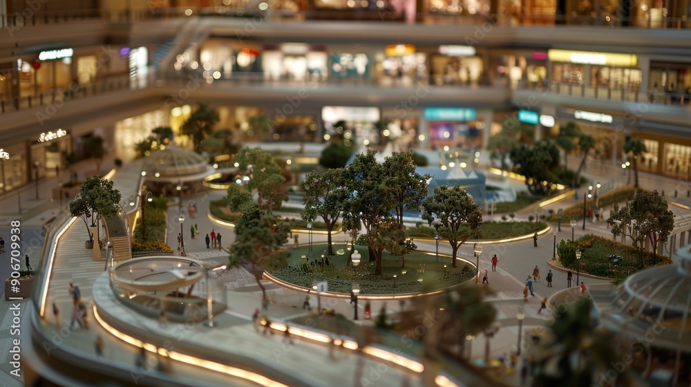 Obraz premium Generate a photo realistic image of a maquette representing a shopping mall with retail stores, food courts, and entertainment options; ensure the image is of high resolution for clear