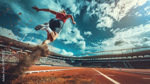 Young woman heavy sports long jump competition