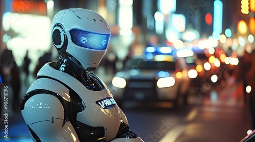 Robot police interacting with citizens in a tech-driven city, text area for public safety