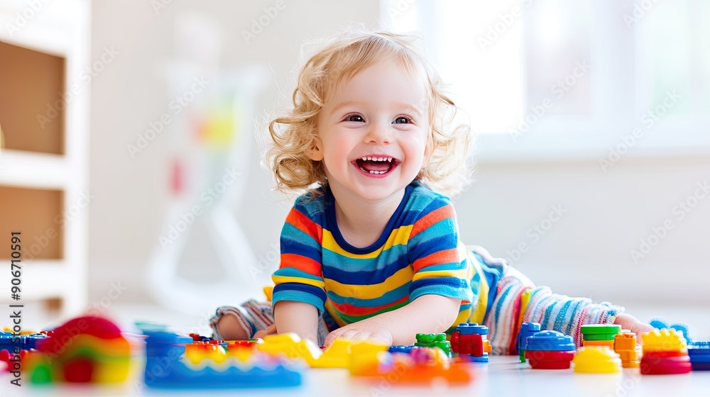 Smiling child playing with toys, text area for joyful messages