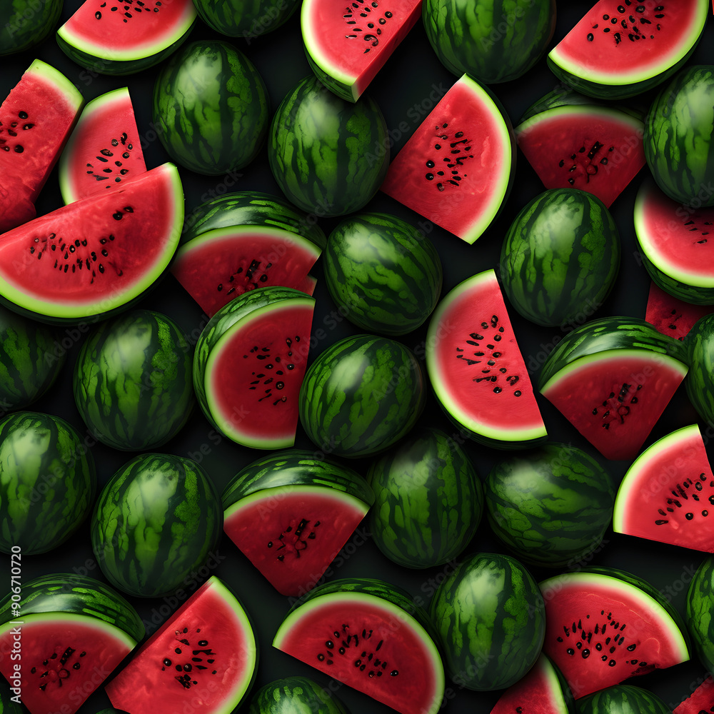 Seamless background of whole and sliced watermelons with vibrant green rinds and juicy red interiors. The image captures the natural texture and refreshing summer vibe Seamless background of whole and sliced watermelons with vibrant green rinds and juicy red interiors. The image captures the natural texture and refreshing summer vibe