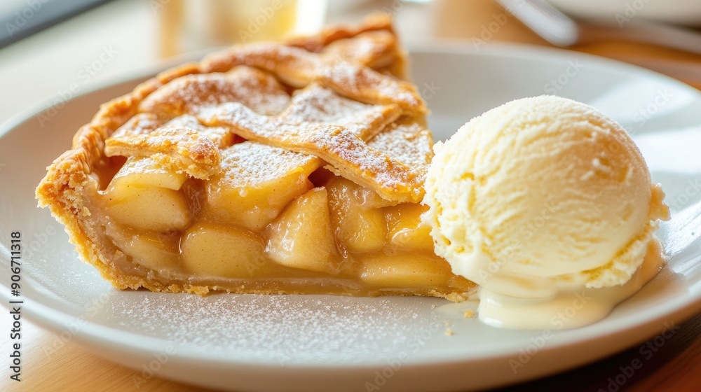 Classic American apple pie with a golden, flaky crust and a scoop of vanilla ice cream Classic American apple pie with a golden, flaky crust and a scoop of vanilla ice cream