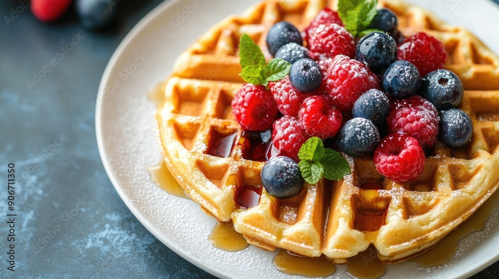 Classic Belgian waffles with fresh berries and a drizzle of maple syrup Classic Belgian waffles with fresh berries and a drizzle of maple syrup