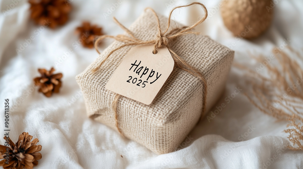 New Year's 2025 gift beautifully wrapped with a festive tag.
