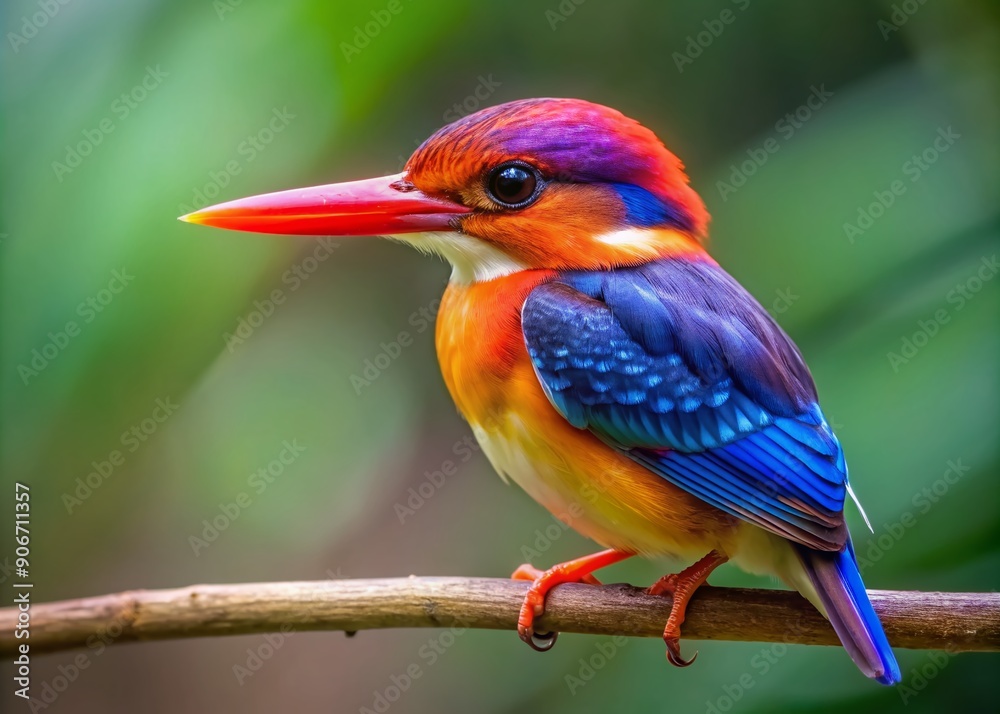 Fototapeta premium Vibrant oriental dwarf kingfisher perches on a twig, iridescent feathers glisten in shades of blue, green, and orange, against a transparent background.