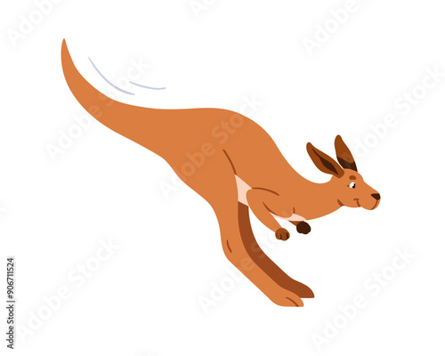 Jumping kangaroo character. Cute happy marsupial running and bouncing. Adorable Australian animal in motion. Joyful fast funny mammal leaping. Flat vector illustration isolated on white background