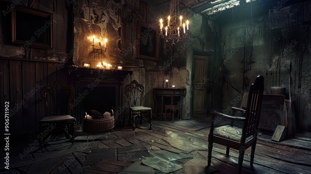 Naklejka premium Old horror room, chairs, dim candlelight, deserted atmosphere.