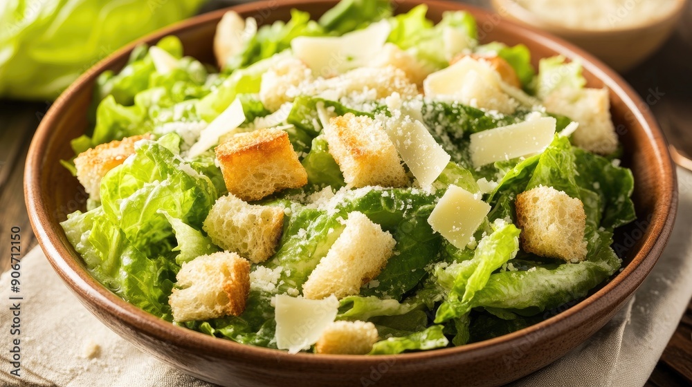 Classic Caesar salad with crisp romaine lettuce, croutons, and parmesan cheese. Classic Caesar salad with crisp romaine lettuce, croutons, and parmesan cheese.