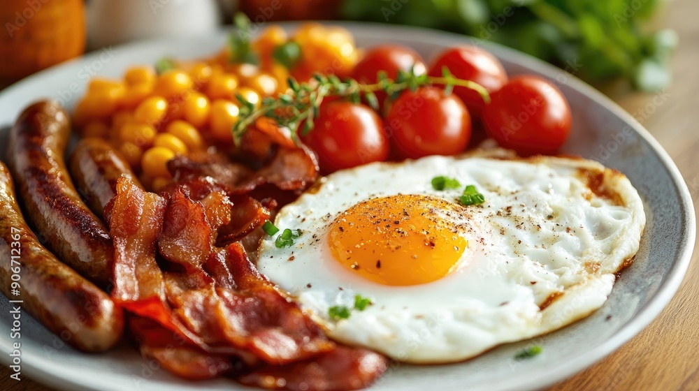 Classic English breakfast with eggs, bacon, sausages, and beans, beautifully presented Classic English breakfast with eggs, bacon, sausages, and beans, beautifully presented