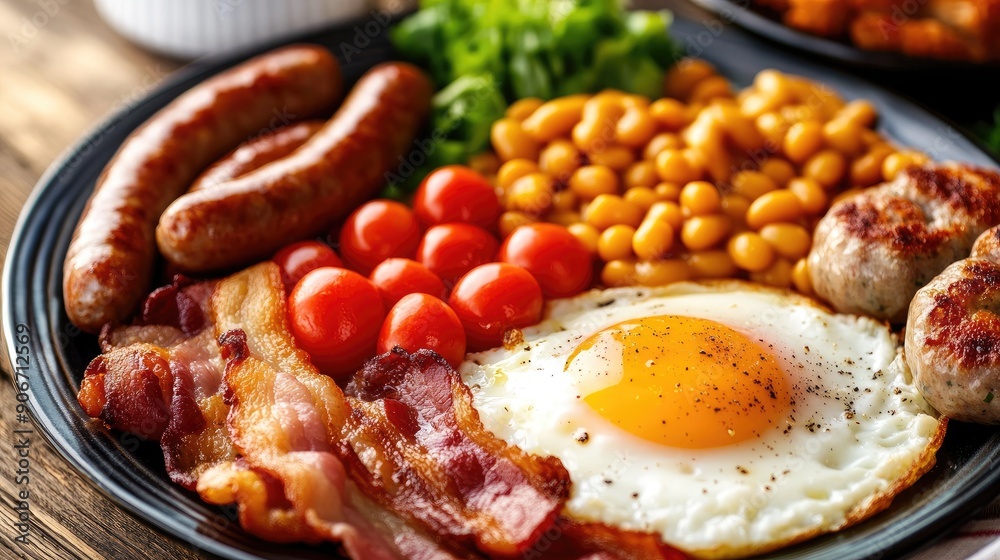 Classic English breakfast with eggs, bacon, sausages, and beans, beautifully presented Classic English breakfast with eggs, bacon, sausages, and beans, beautifully presented