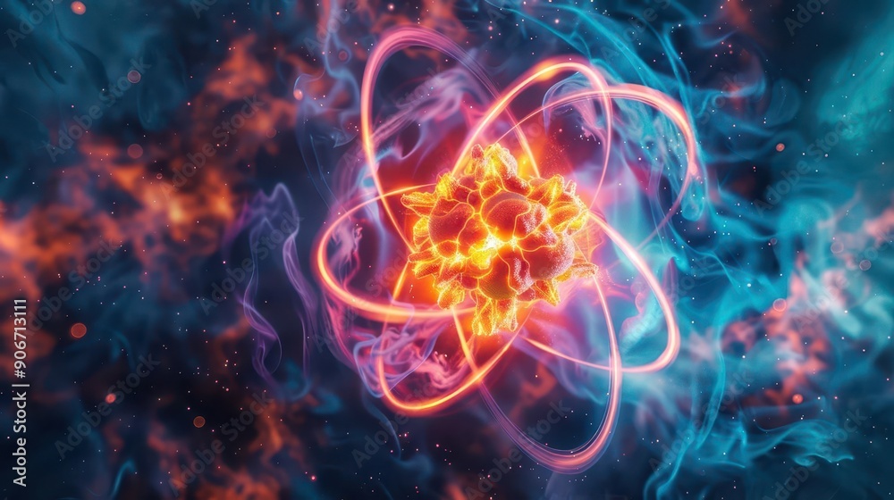 Nucleus of an atom, energy waves, top view, energy at the core, scifi tone, vivid color scheme, uhd, copy space for text, Nucleus of an atom, energy waves, top view, energy at the core, scifi tone, vivid color scheme, uhd, copy space for text,