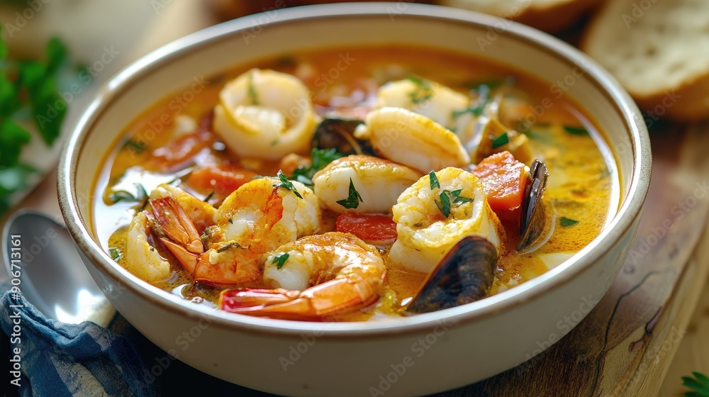 Classic French bouillabaisse with fresh seafood and a saffron broth. Classic French bouillabaisse with fresh seafood and a saffron broth.
