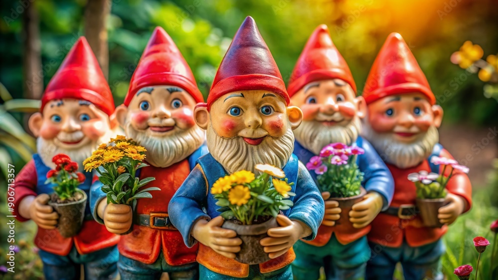 Whimsical garden gnomes, dressed in bright red hats and blue overalls, grasp a delicate flower pot and bouquet of colorful blooms in their tiny hands. Whimsical garden gnomes, dressed in bright red hats and blue overalls, grasp a delicate flower pot and bouquet of colorful blooms in their tiny hands.