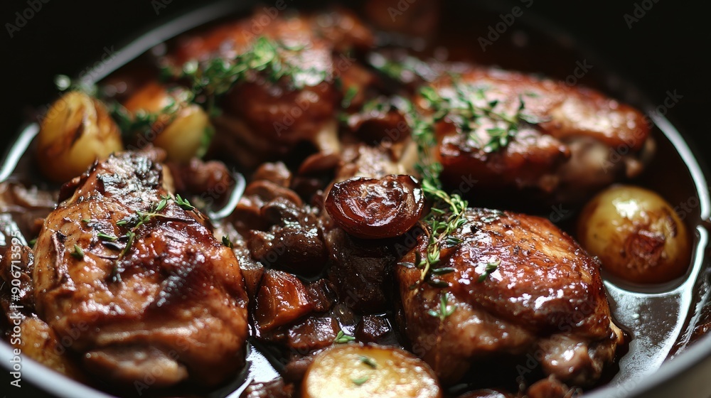 Classic French coq au vin with tender chicken and a rich red wine sauce. Classic French coq au vin with tender chicken and a rich red wine sauce.