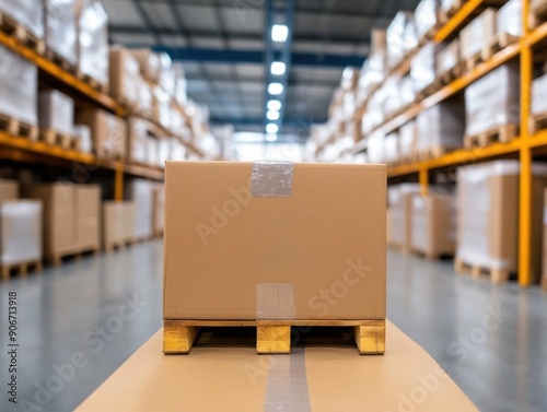 A single cardboard box on a wooden pallet in a spacious warehouse filled with stacked boxes, ready for distribution.