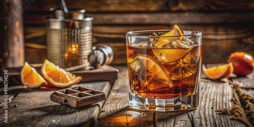 Rich amber whisky and cola fusion in a rustic wooden setting, garnished with a vibrant orange wedge on a vintage-style bar countertop. photo