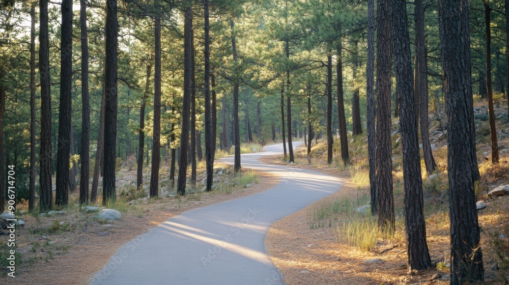 Naklejka premium Serene Bicycle Path Meandering Through Inviting Pine Forest