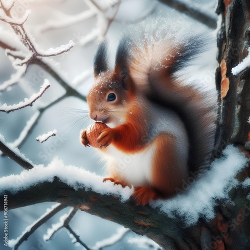  The squirrel with nut sits on tree in the winter or late autumn photo