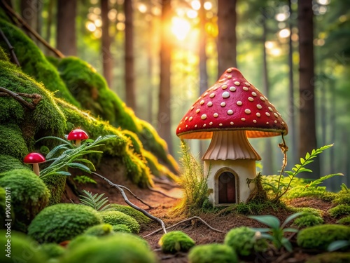 Whimsical miniature fairy house nestled within vibrant red cap of Amanita muscaria mushroom, surrounded by lush greenery and twisted vines in enchanted forest setting. photo