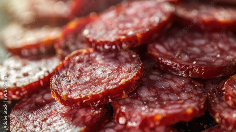 Close up of smoked salami slices on food background with center focus