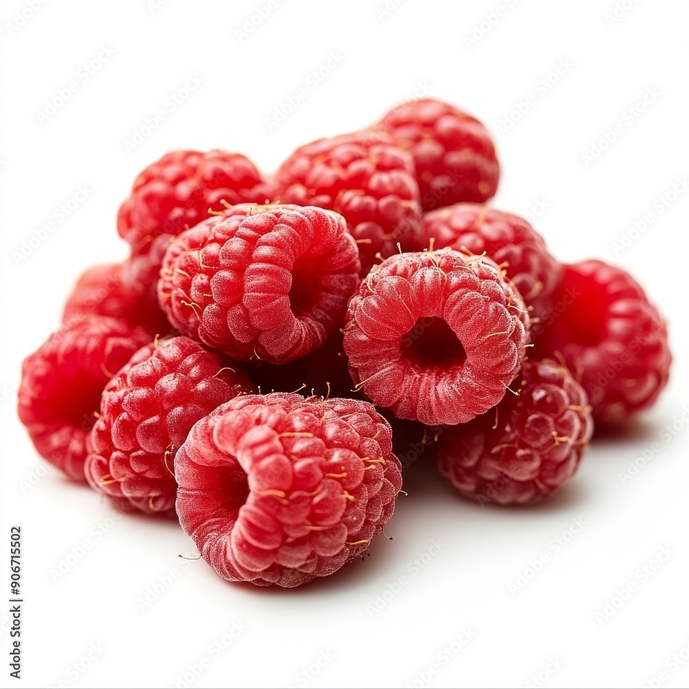A group of fresh raspberries on a white background