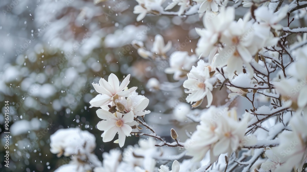 Close up of shut Star magnolia Magnolia stellata blossoms in early spring with snowy garden backdrop Close up of shut Star magnolia Magnolia stellata blossoms in early spring with snowy garden backdrop