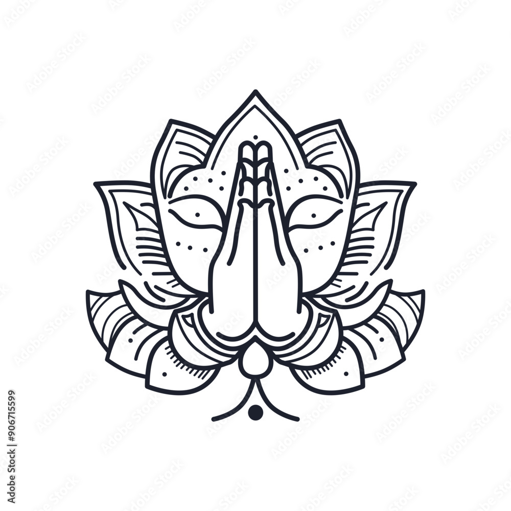 detailed vector illustration of the Namaste gesture with hands in prayer position, framed by a lotus flower design. Perfect for use in yoga, meditation, and cultural projects. detailed vector illustration of the Namaste gesture with hands in prayer position, framed by a lotus flower design. Perfect for use in yoga, meditation, and cultural projects.