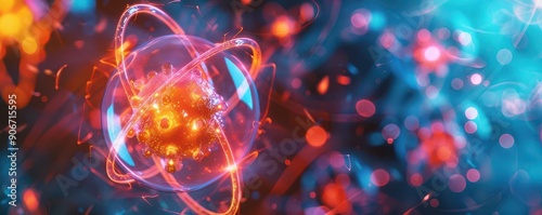 Protons within atomic nucleus, nuclear particles, front view, atomic interactions, digital tone, vivid color scheme, uhd, copy space for text,