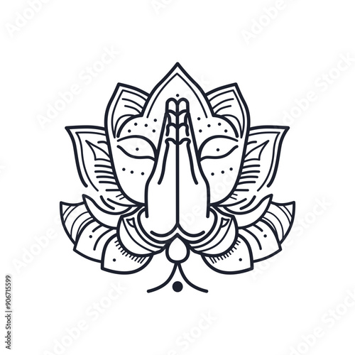 detailed vector illustration of the Namaste gesture with hands in prayer position, framed by a lotus flower design. Perfect for use in yoga, meditation, and cultural projects.