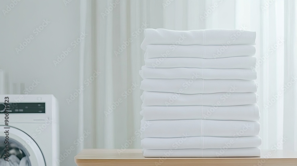 Soft, freshly folded towels in various colors are neatly arranged on a table, with plants and a washing machine visible in the background Soft, freshly folded towels in various colors are neatly arranged on a table, with plants and a washing machine visible in the background