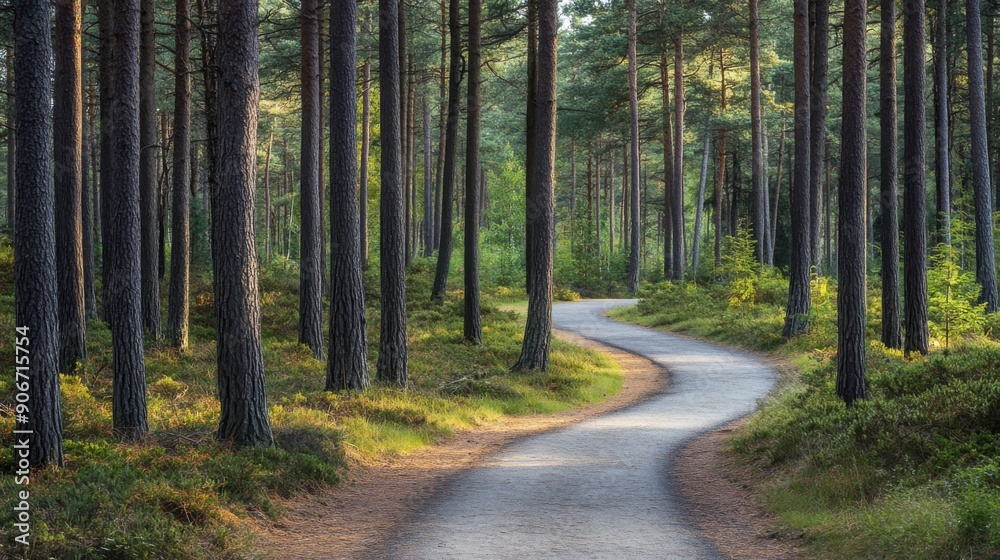 Obraz premium Tranquil Bicycle Path Meandering Through Enchanting Pine Forest