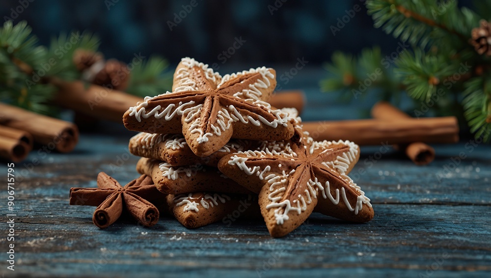 Christmas cinnamon star shaped cookies together with cinnamon and needle branches arranged in Christmas Tree on blue rustic wooden background Christmas cinnamon star shaped cookies together with cinnamon and needle branches arranged in Christmas Tree on blue rustic wooden background