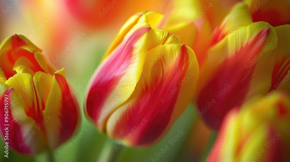 Close up of yellow and red tulips with selective focus blurred macro background Close up of yellow and red tulips with selective focus blurred macro background